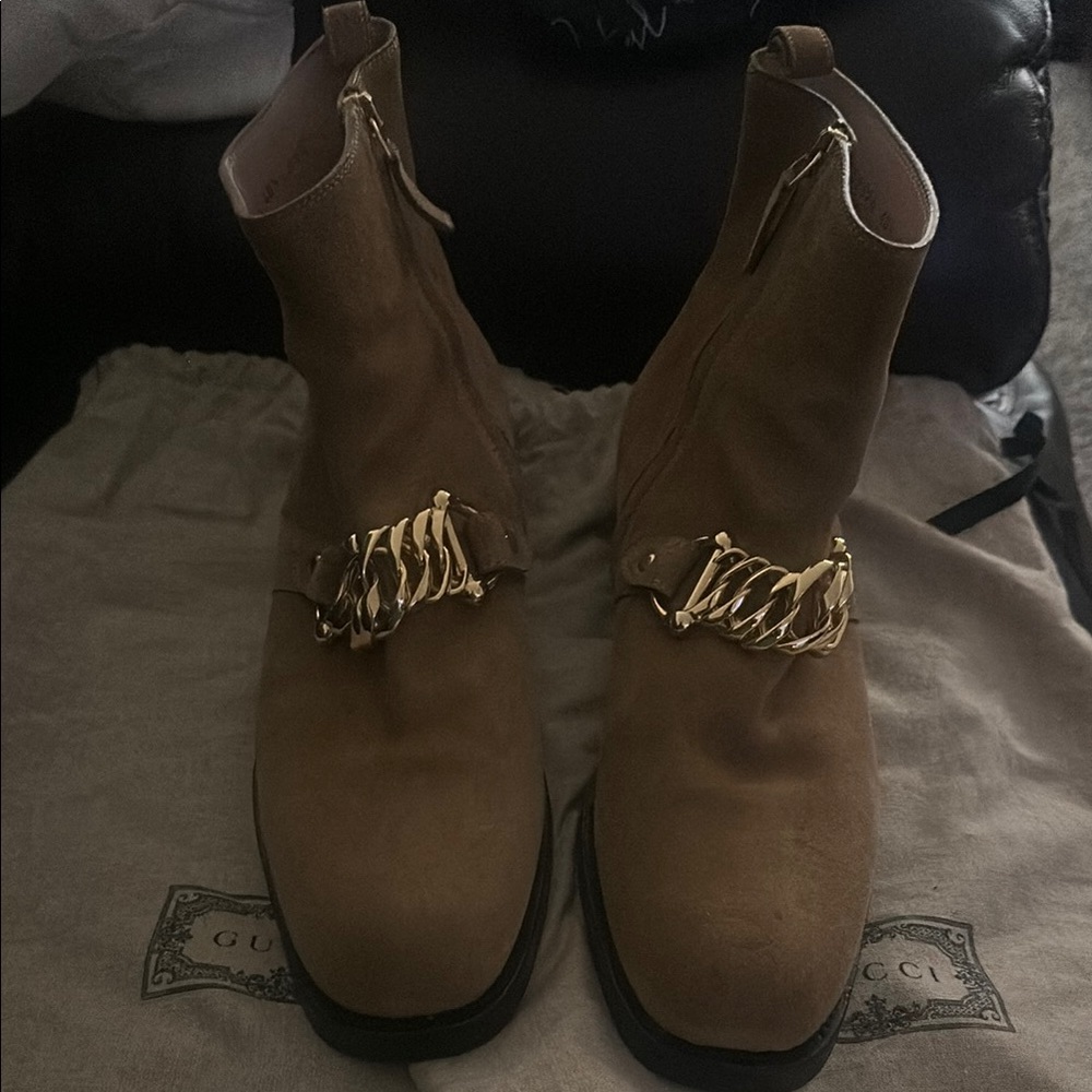 Gucci Tan Boots with Gold Chain Accent